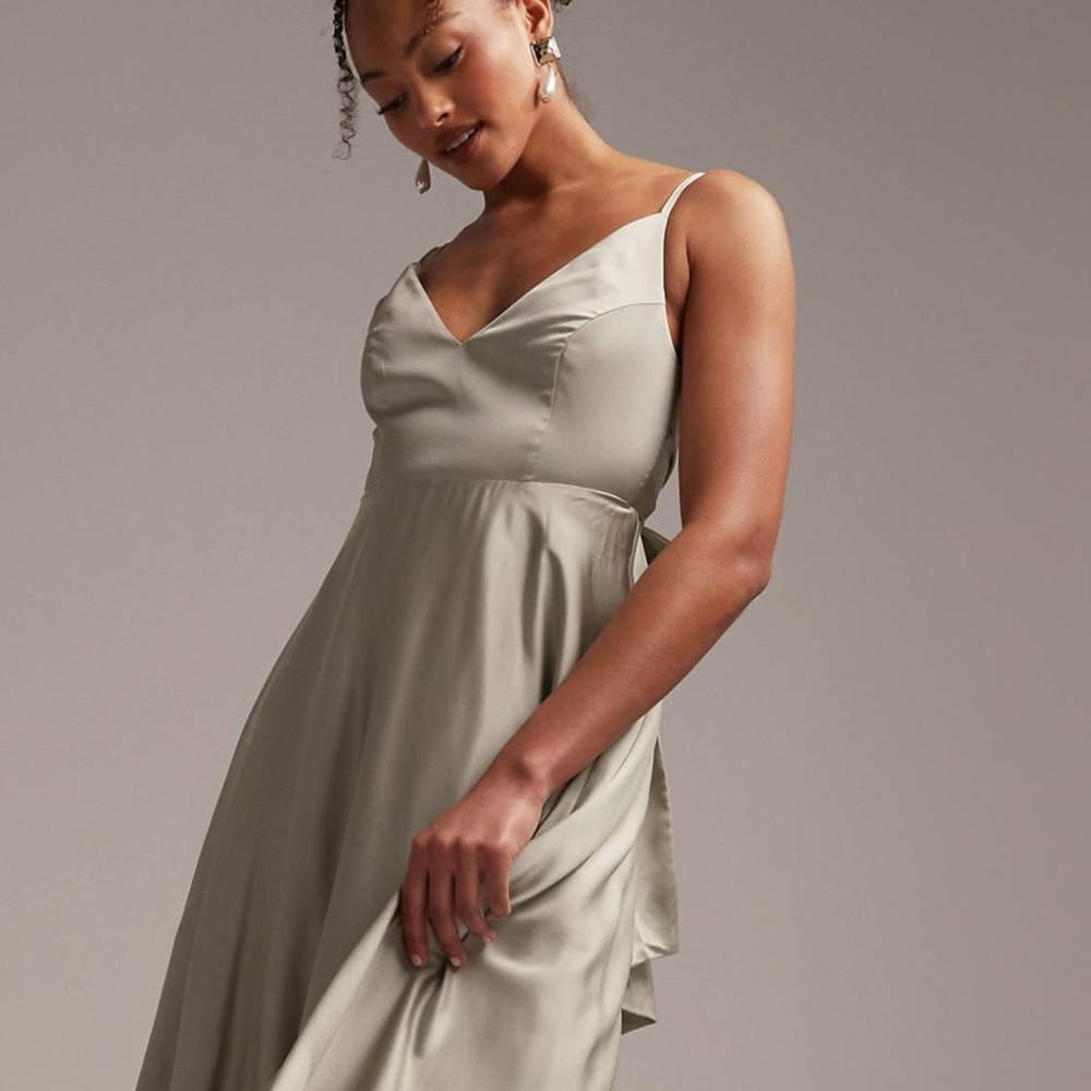 ASOS DESIGN Bridesmaid satin midi dress with tie back in sage green